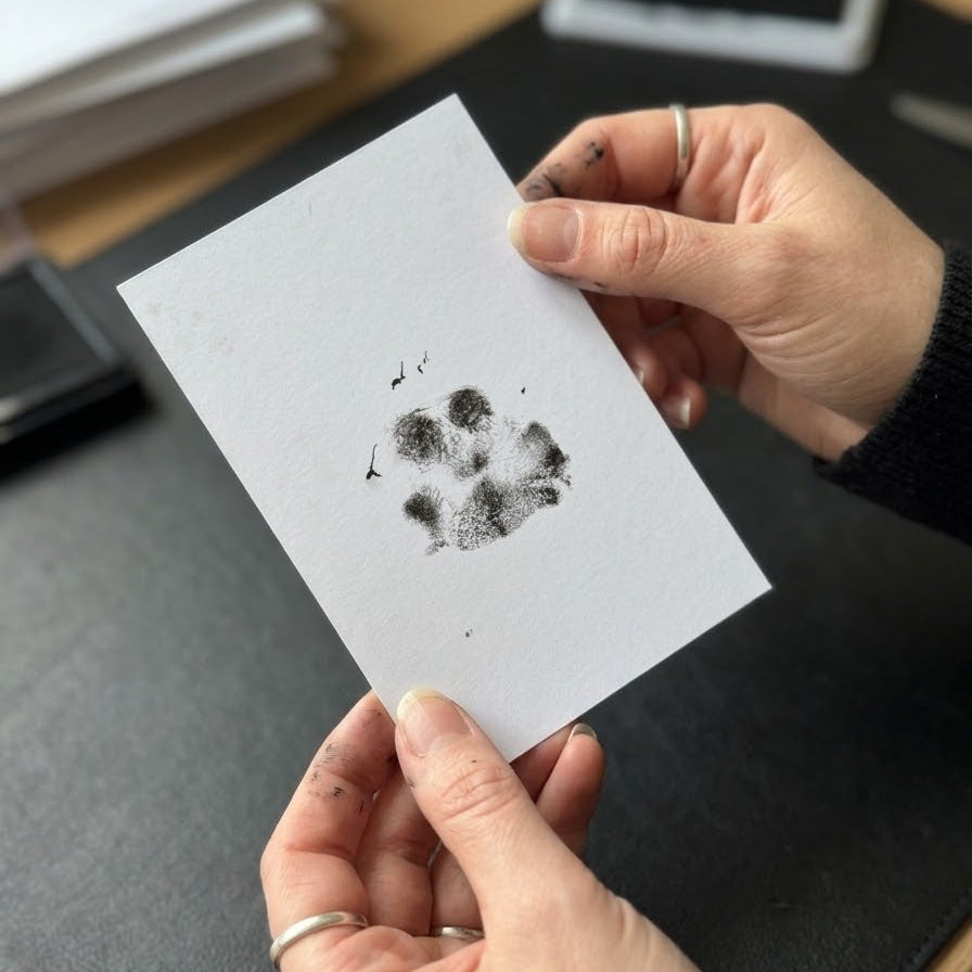 Manos con restos de tinta sosteniendo una huella de perro tomada en tinta sobre papel