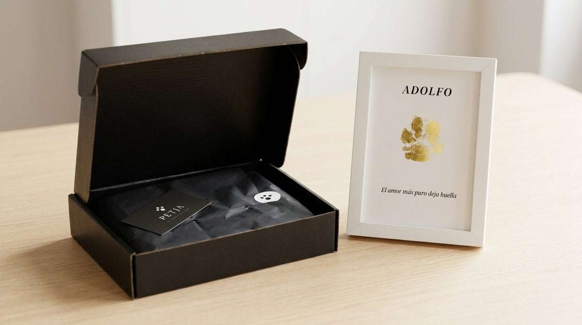 Caixa PETJA oberta al costat d'una empremta emmarcada en foil daurat