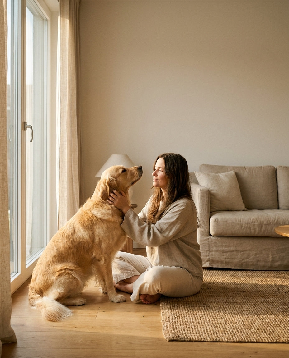 Un golden retriever assegut al costat d'una taula on reposa una làmina PETJA emmarcada en negre amb l'empremta d'un gat en foil daurat