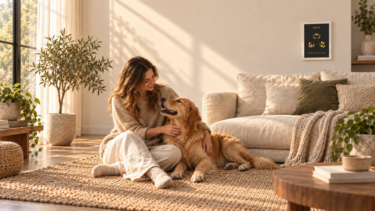 Un golden retriever sentado junto a una mesa donde reposa una lámina PETJA enmarcada en negro con la huella de un perro en foil dorado